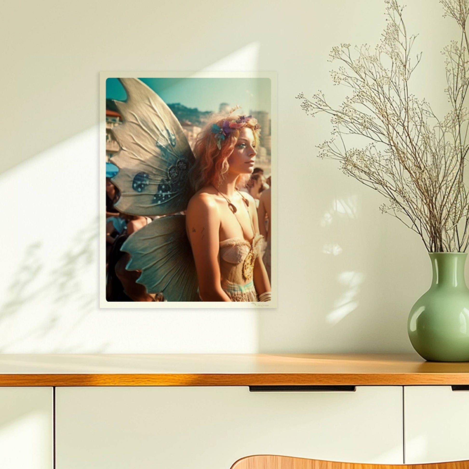 Frau im zarten Feenkostüm mit glitzernden Flügeln und Blumenkranz steht auf einem Festival voller Menschen am sonnigen Strand.. Ohne Rahmen 30x40