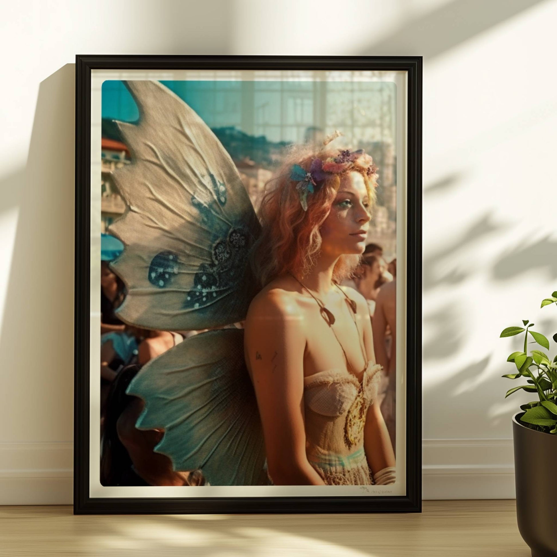 Frau im zarten Feenkostüm mit glitzernden Flügeln und Blumenkranz steht auf einem Festival voller Menschen am sonnigen Strand.. Rahmen schwarz 30x40