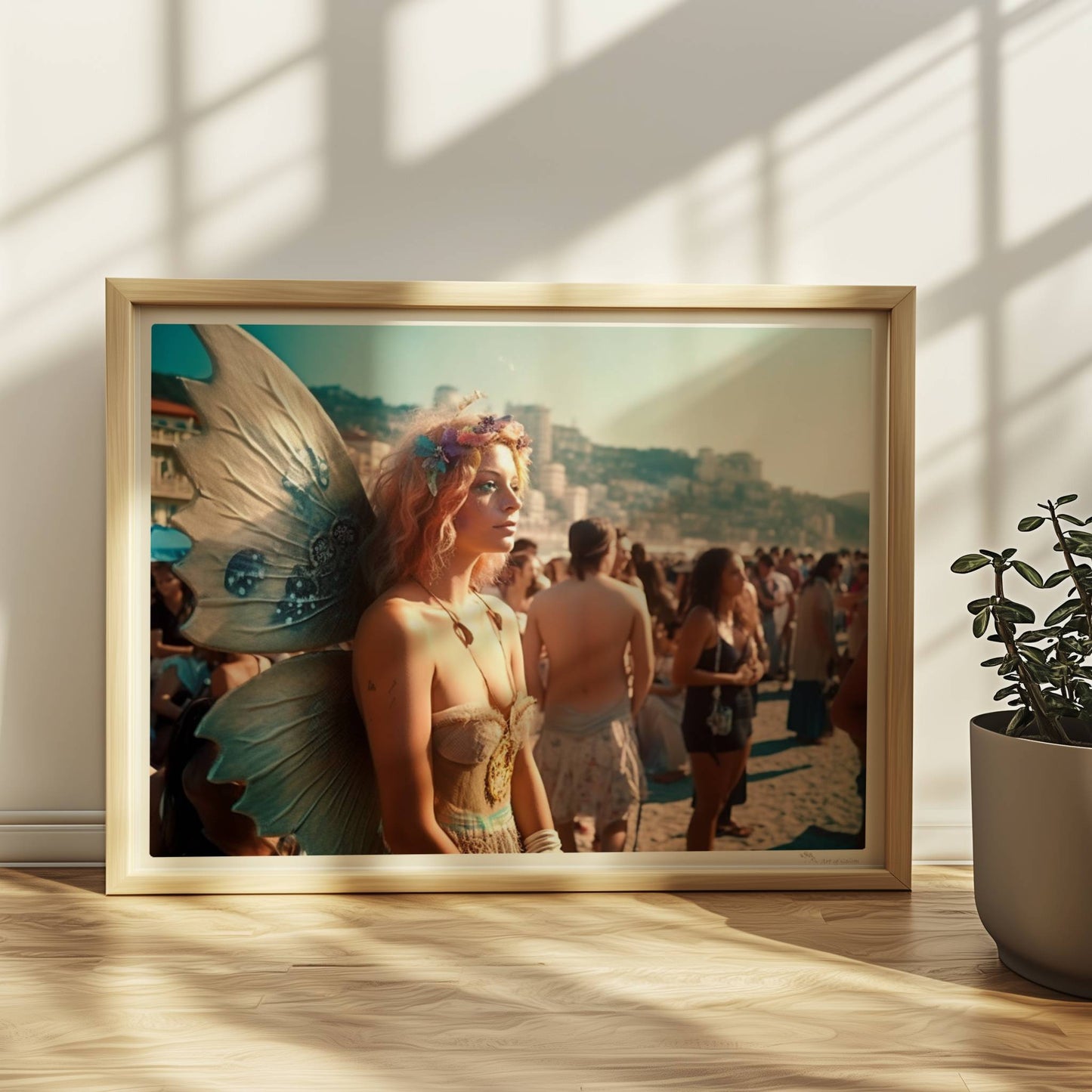 Frau im zarten Feenkostüm mit glitzernden Flügeln und Blumenkranz steht auf einem Festival voller Menschen am sonnigen Strand.. Rahmen natur 40x30