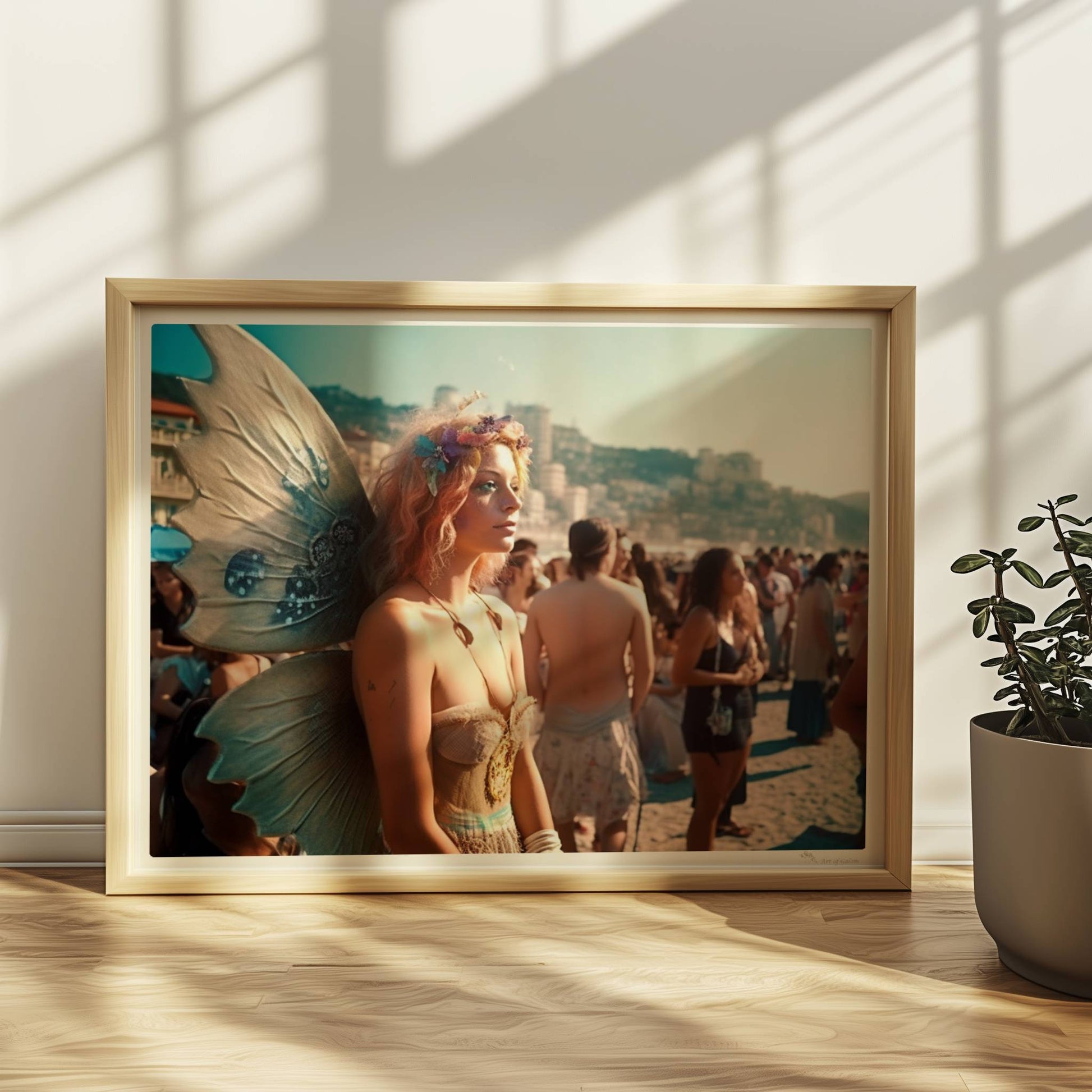 Frau im zarten Feenkostüm mit glitzernden Flügeln und Blumenkranz steht auf einem Festival voller Menschen am sonnigen Strand.. Rahmen natur 40x30