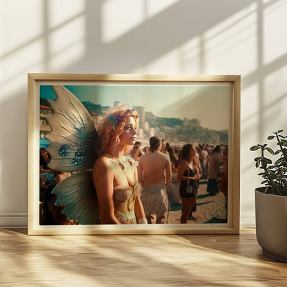 Frau im zarten Feenkostüm mit glitzernden Flügeln und Blumenkranz steht auf einem Festival voller Menschen am sonnigen Strand.. Rahmen natur 40x30