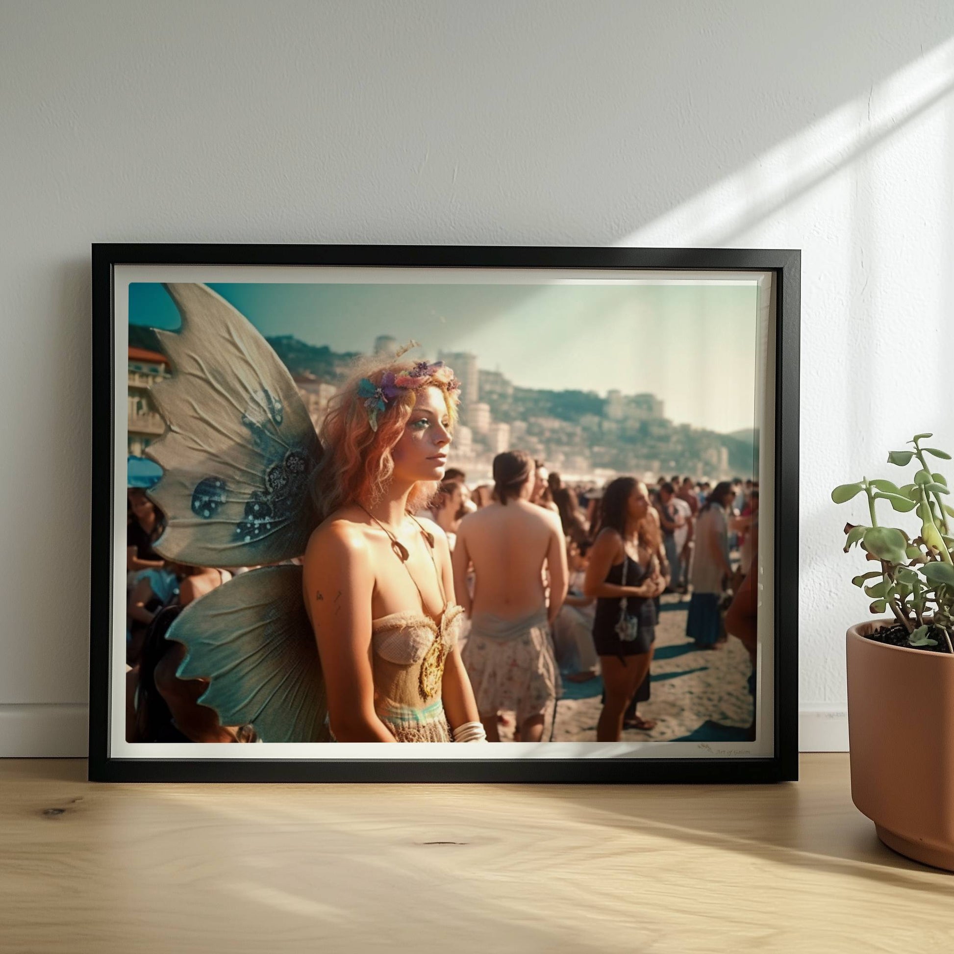 Frau im zarten Feenkostüm mit glitzernden Flügeln und Blumenkranz steht auf einem Festival voller Menschen am sonnigen Strand.. Rahmen schwarz 40x30