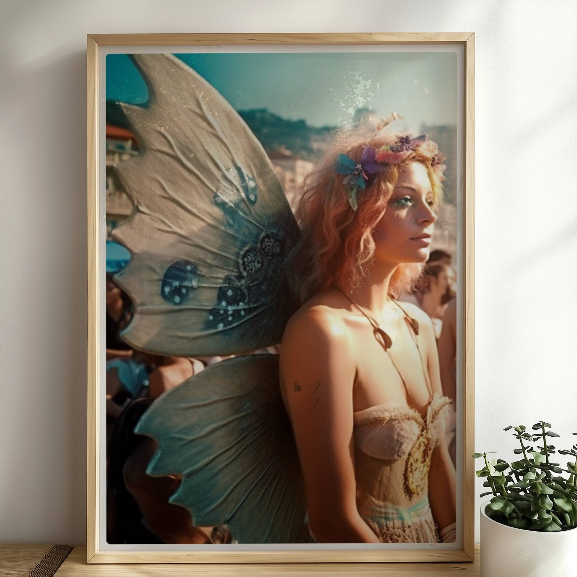 Frau im zarten Feenkostüm mit glitzernden Flügeln und Blumenkranz steht auf einem Festival voller Menschen am sonnigen Strand.. Rahmen natur 50x70