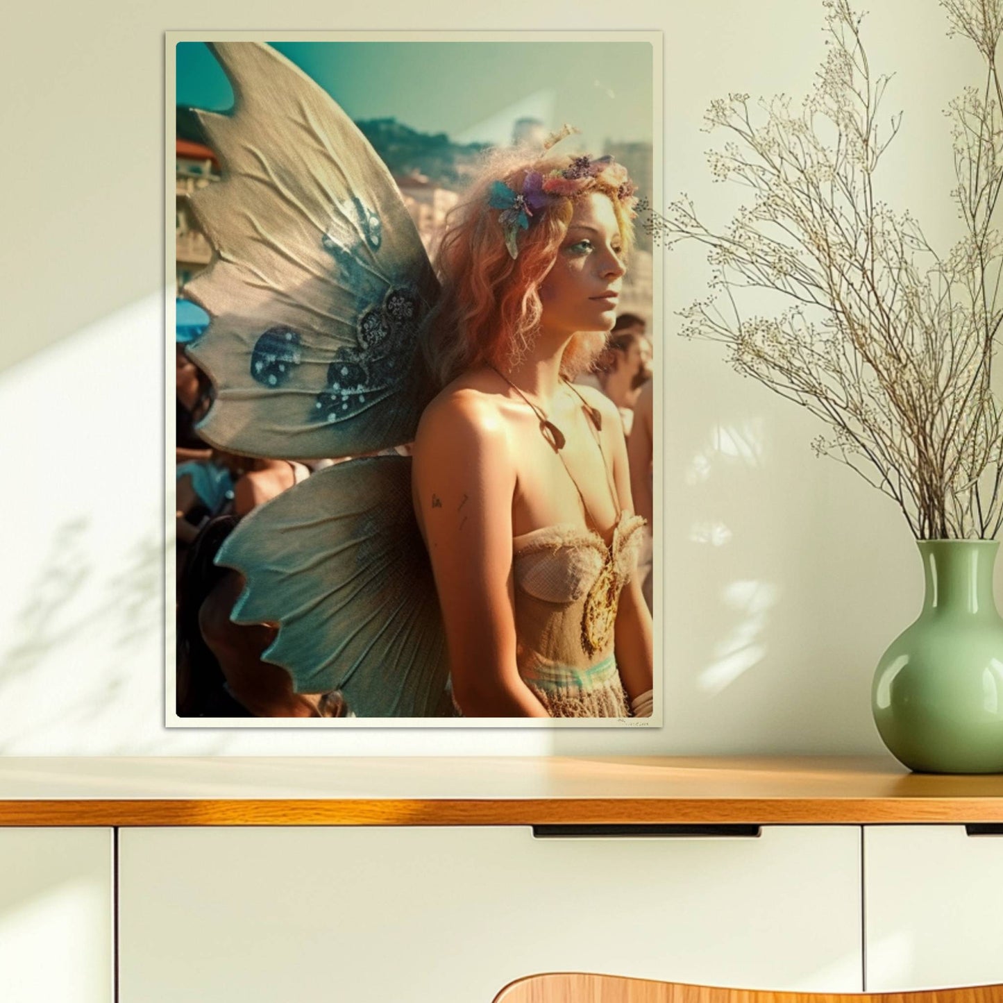 Frau im zarten Feenkostüm mit glitzernden Flügeln und Blumenkranz steht auf einem Festival voller Menschen am sonnigen Strand.. Ohne Rahmen 50x70