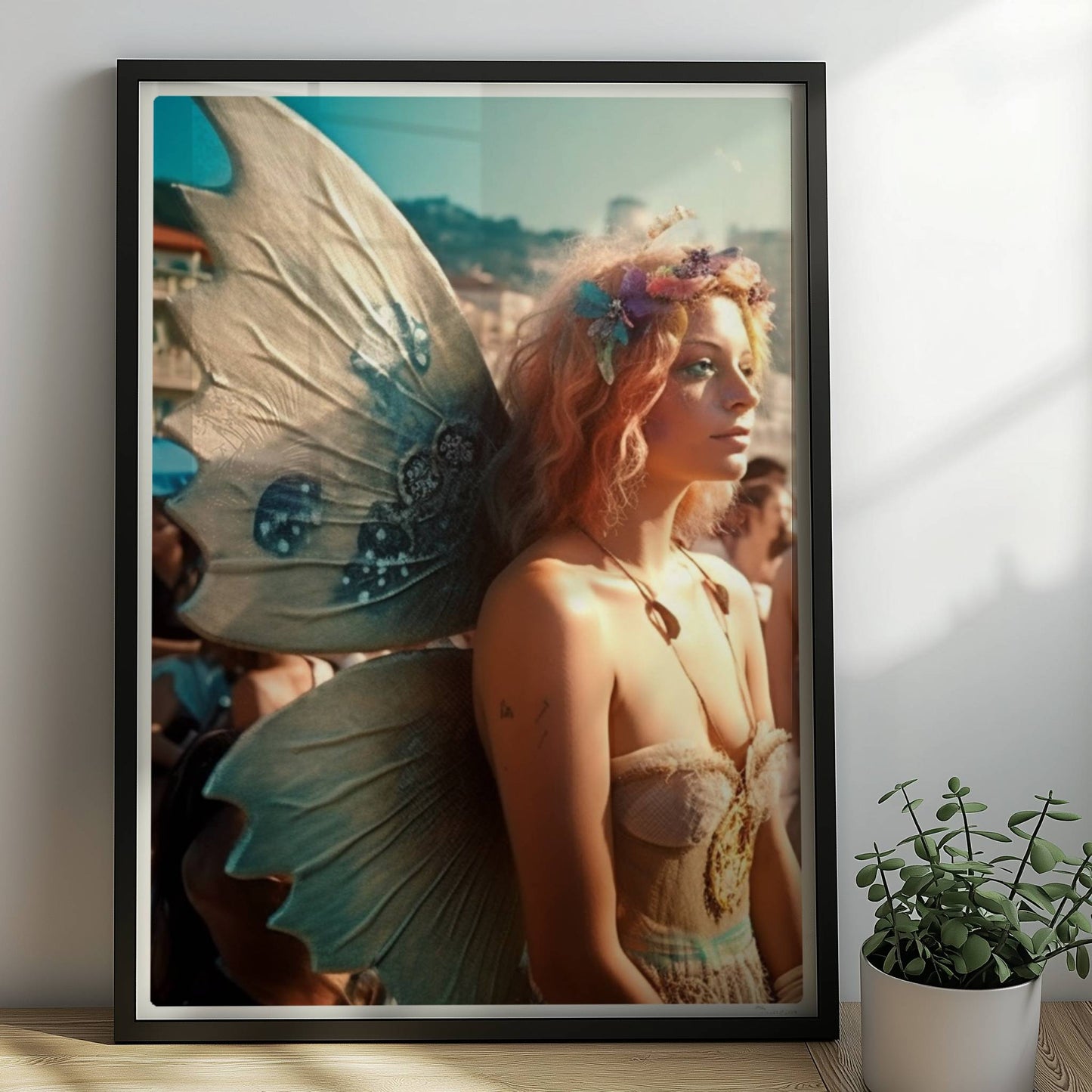 Frau im zarten Feenkostüm mit glitzernden Flügeln und Blumenkranz steht auf einem Festival voller Menschen am sonnigen Strand.. Rahmen schwarz 50x70