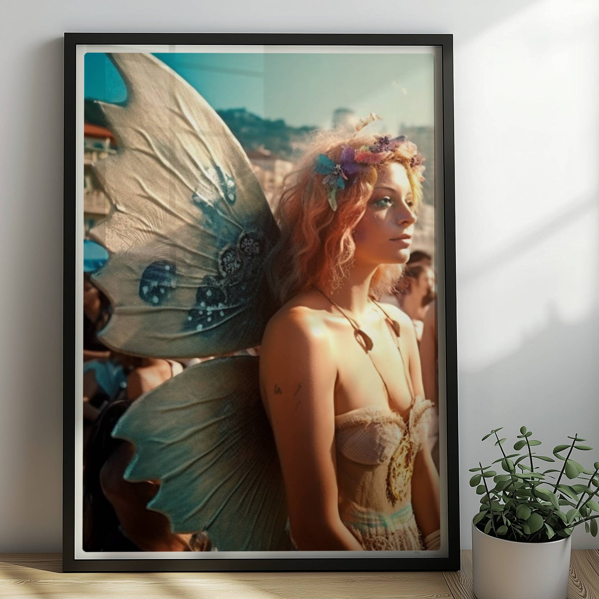 Frau im zarten Feenkostüm mit glitzernden Flügeln und Blumenkranz steht auf einem Festival voller Menschen am sonnigen Strand.. Rahmen schwarz 50x70