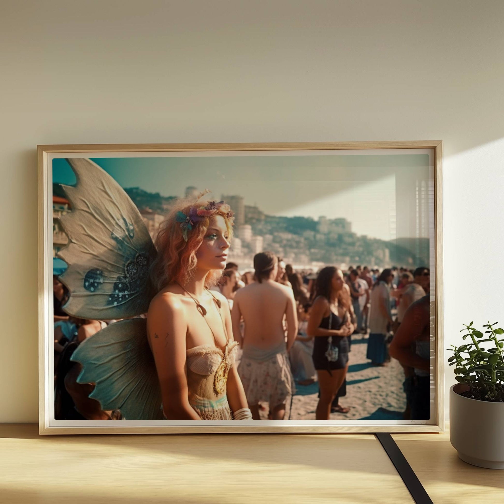 Frau im zarten Feenkostüm mit glitzernden Flügeln und Blumenkranz steht auf einem Festival voller Menschen am sonnigen Strand.. Rahmen natur 70x50