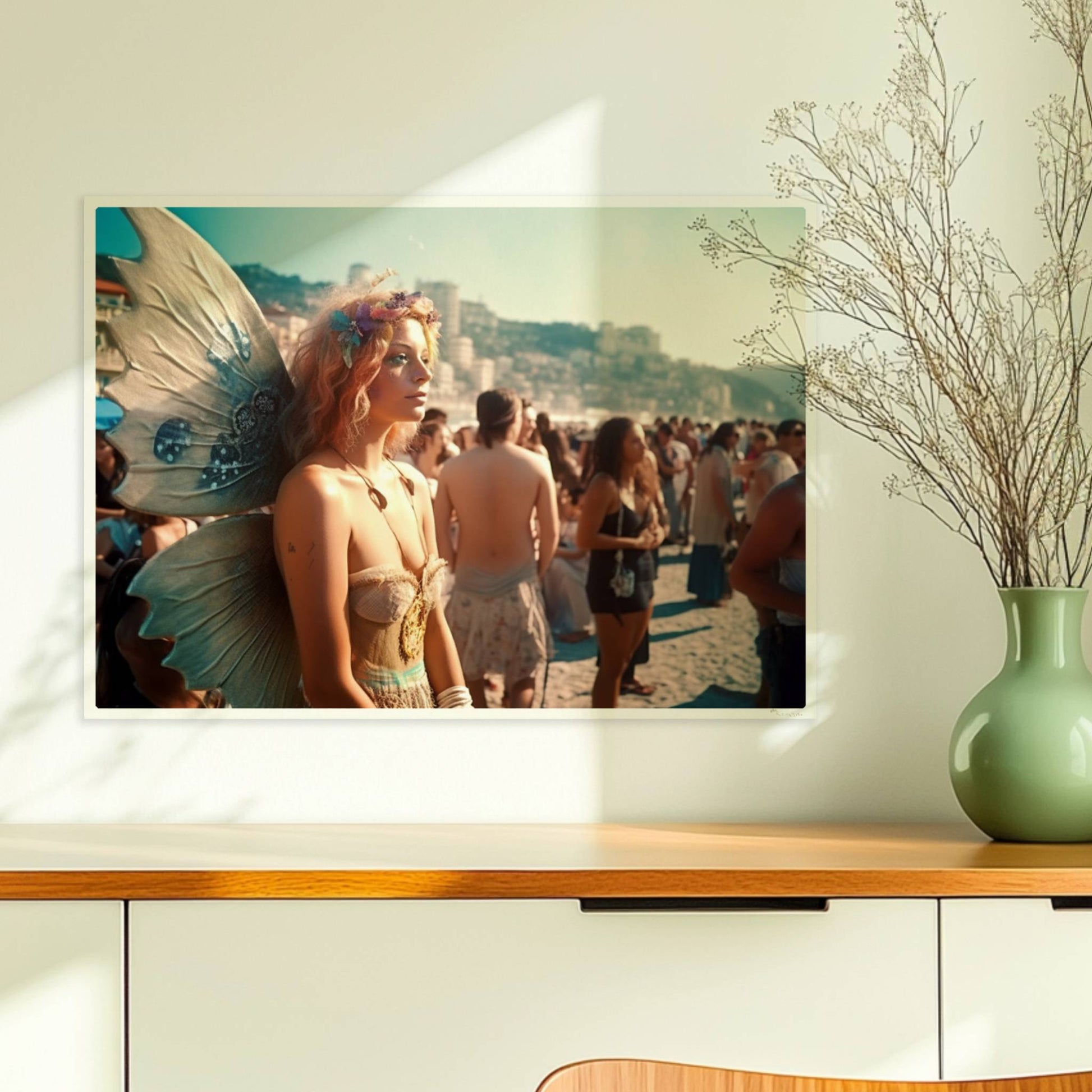 Frau im zarten Feenkostüm mit glitzernden Flügeln und Blumenkranz steht auf einem Festival voller Menschen am sonnigen Strand.. Ohne Rahmen 70x50