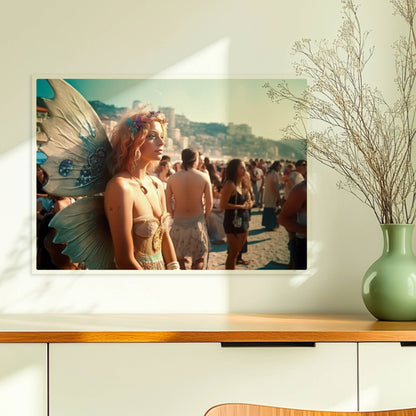 Frau im zarten Feenkostüm mit glitzernden Flügeln und Blumenkranz steht auf einem Festival voller Menschen am sonnigen Strand.. Ohne Rahmen 70x50