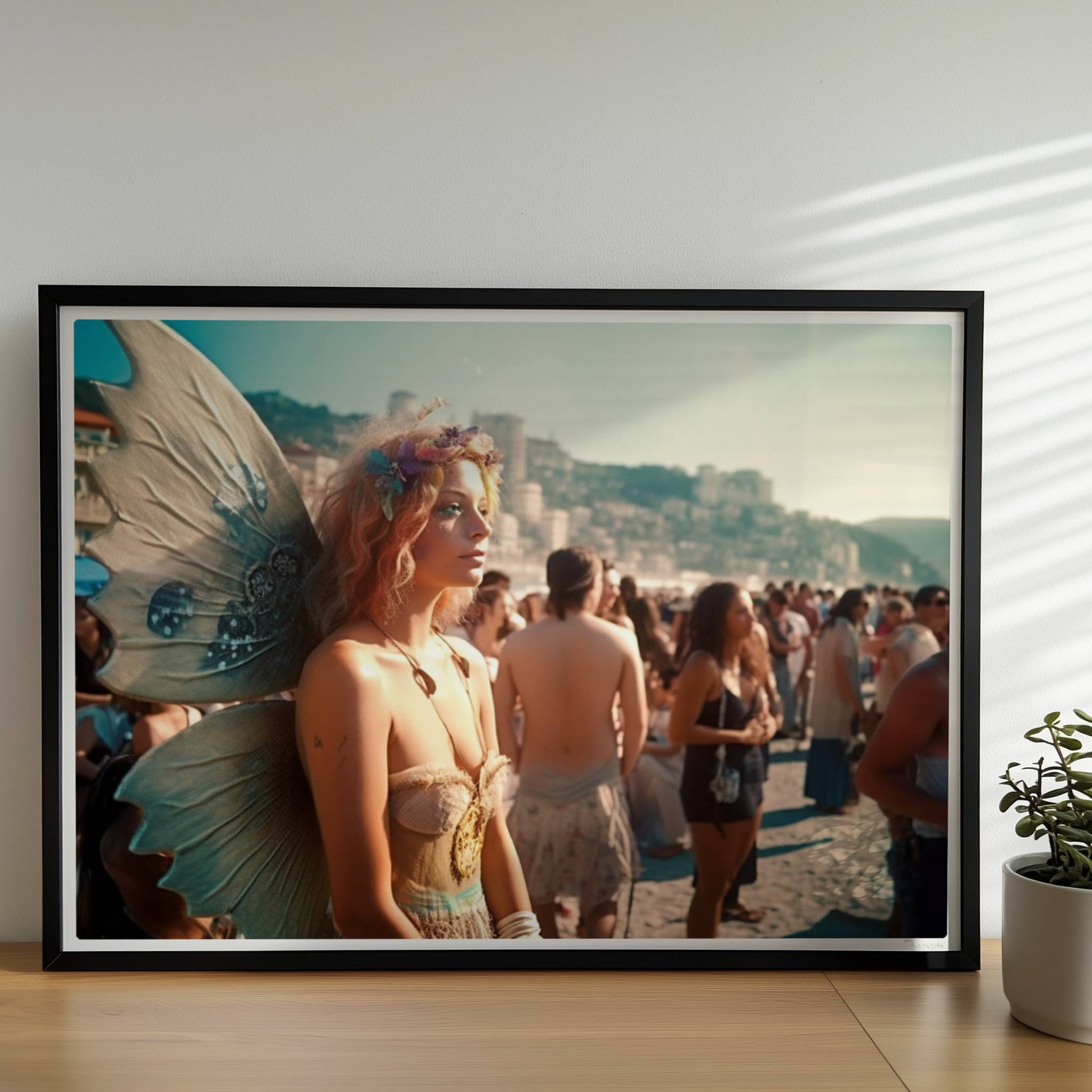 Frau im zarten Feenkostüm mit glitzernden Flügeln und Blumenkranz steht auf einem Festival voller Menschen am sonnigen Strand.. Rahmen schwarz 70x50