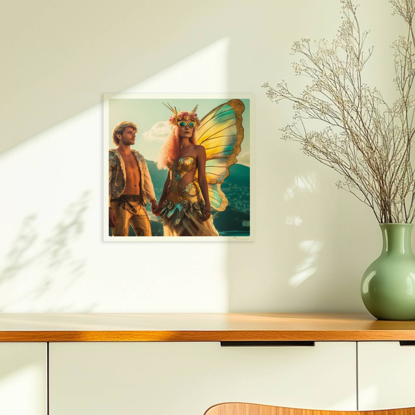 Ein Paar in fantasievollen Schmetterlingskostümen mit funkelnden Flügeln, stehend Hand in Hand auf einem Festival mit Aussicht auf die Berge und Stadt.. Ohne Rahmen 30x30