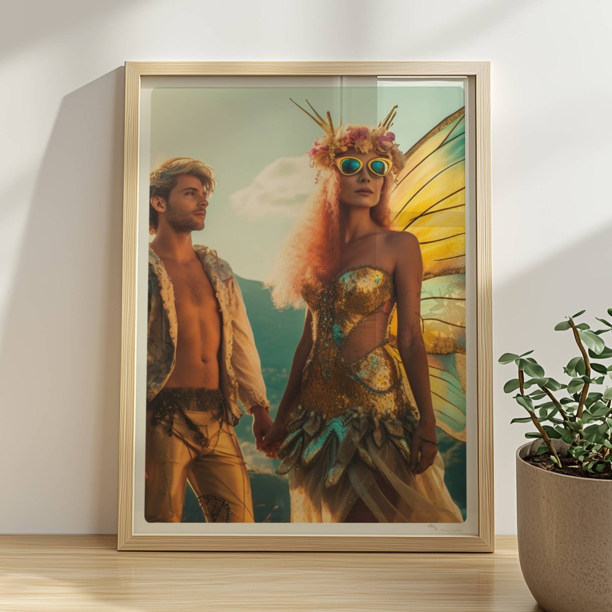 Ein Paar in fantasievollen Schmetterlingskostümen mit funkelnden Flügeln, stehend Hand in Hand auf einem Festival mit Aussicht auf die Berge und Stadt.. Rahmen natur 30x40