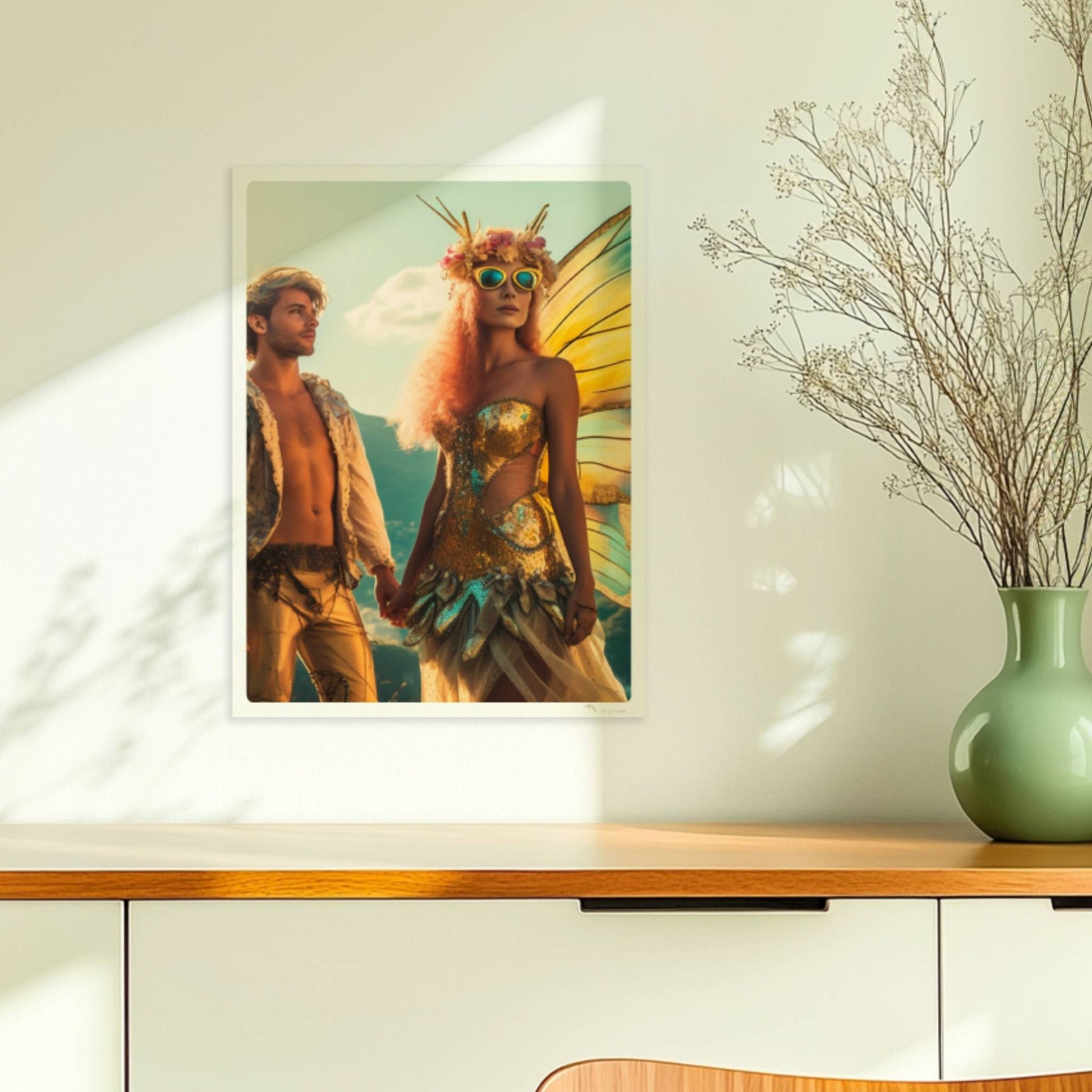 Ein Paar in fantasievollen Schmetterlingskostümen mit funkelnden Flügeln, stehend Hand in Hand auf einem Festival mit Aussicht auf die Berge und Stadt.. Ohne Rahmen 30x40