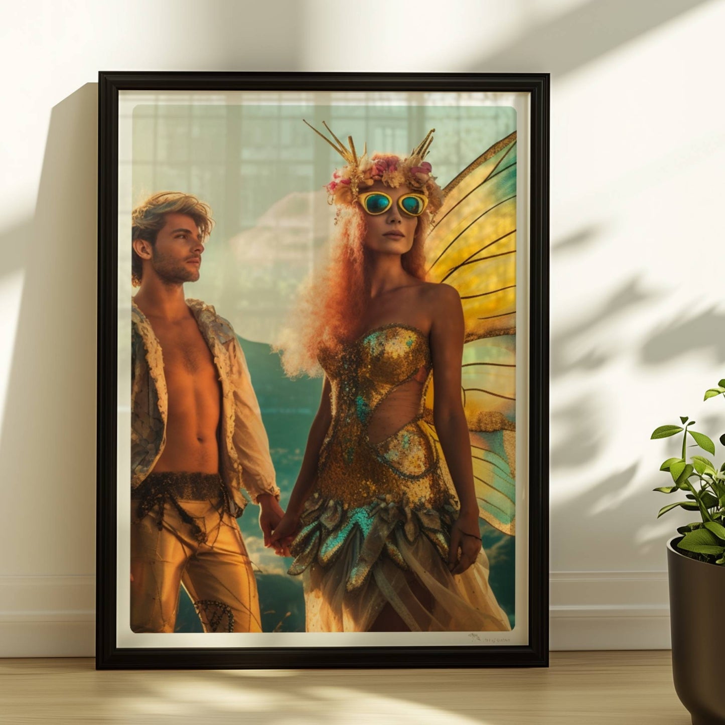 Ein Paar in fantasievollen Schmetterlingskostümen mit funkelnden Flügeln, stehend Hand in Hand auf einem Festival mit Aussicht auf die Berge und Stadt.. Rahmen schwarz 30x40