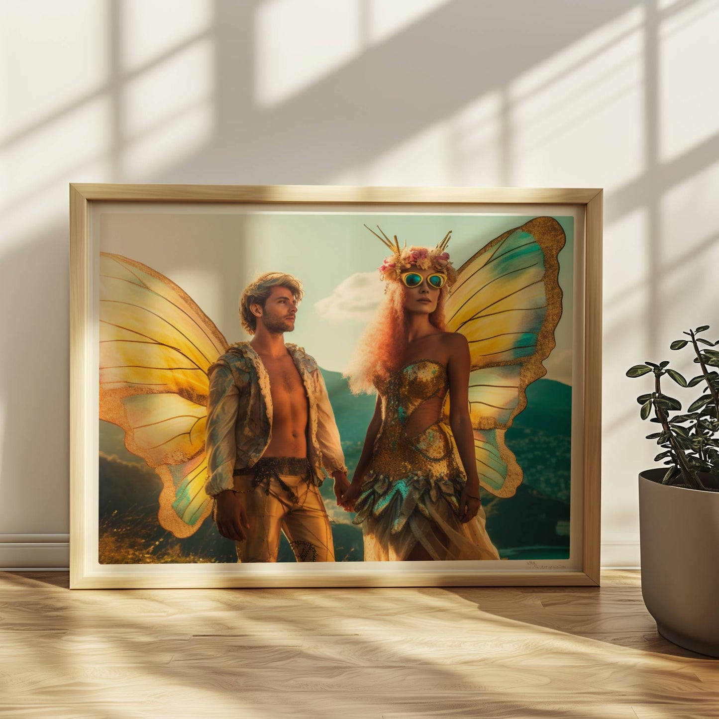 Ein Paar in fantasievollen Schmetterlingskostümen mit funkelnden Flügeln, stehend Hand in Hand auf einem Festival mit Aussicht auf die Berge und Stadt.. Rahmen natur 40x30
