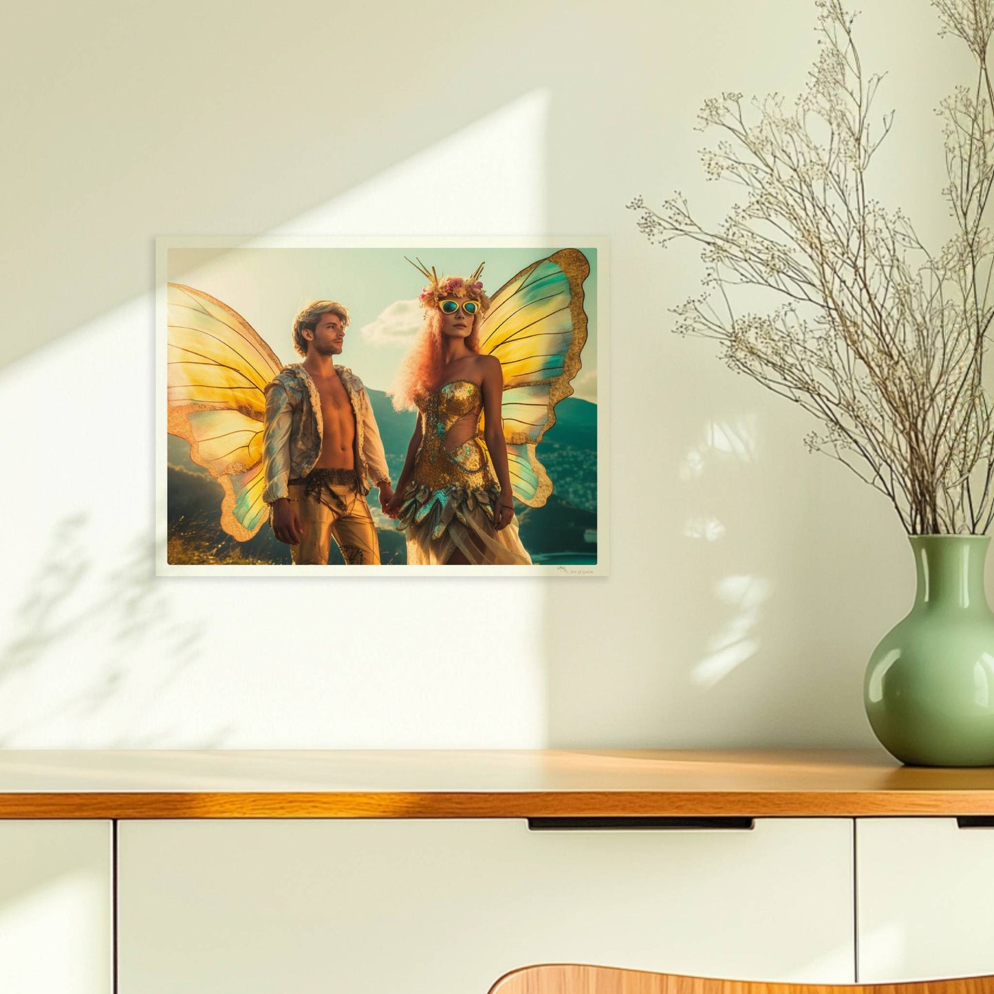Ein Paar in fantasievollen Schmetterlingskostümen mit funkelnden Flügeln, stehend Hand in Hand auf einem Festival mit Aussicht auf die Berge und Stadt.. Ohne Rahmen 40x30