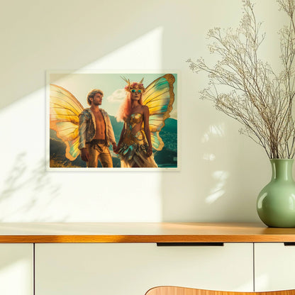 Ein Paar in fantasievollen Schmetterlingskostümen mit funkelnden Flügeln, stehend Hand in Hand auf einem Festival mit Aussicht auf die Berge und Stadt.. Ohne Rahmen 40x30