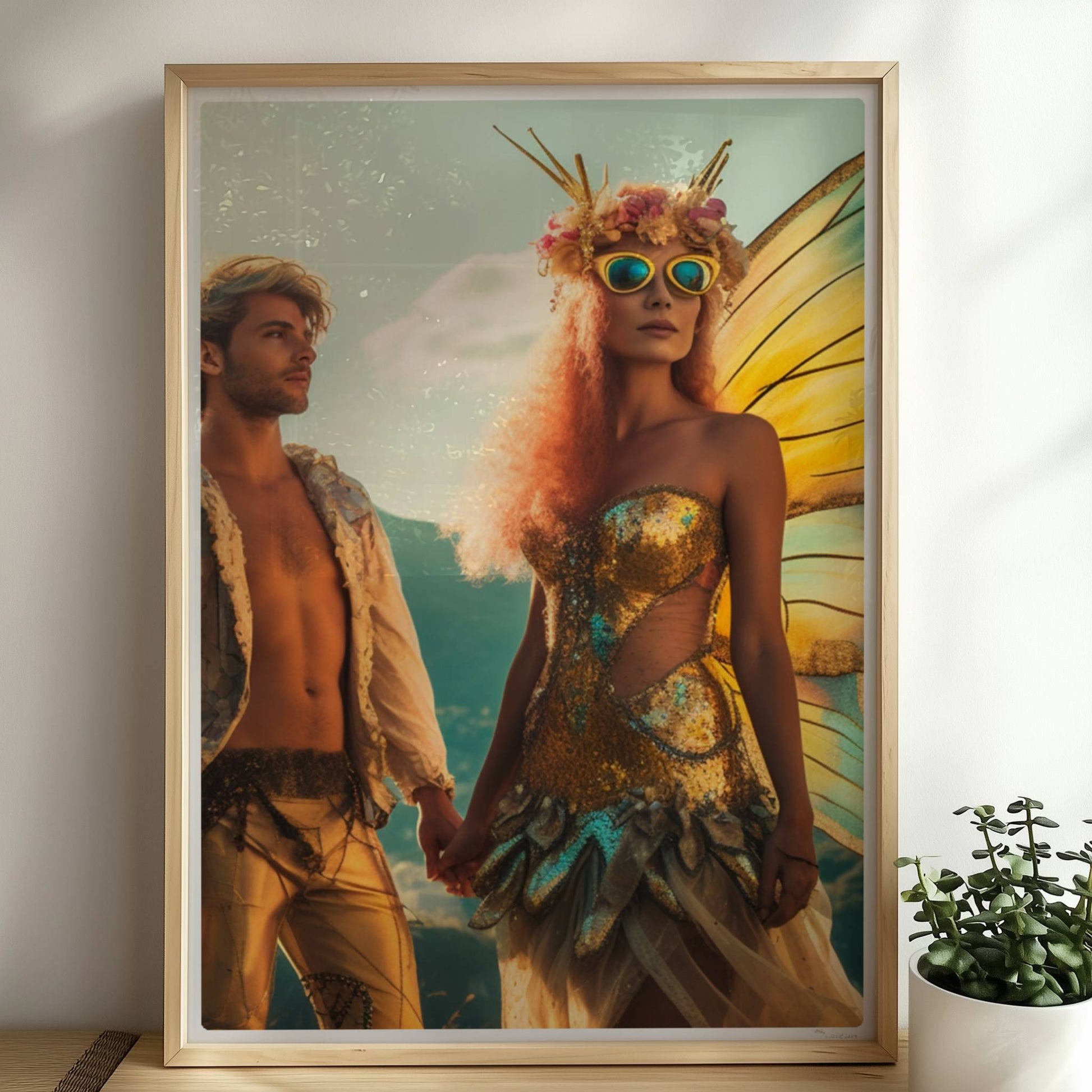 Ein Paar in fantasievollen Schmetterlingskostümen mit funkelnden Flügeln, stehend Hand in Hand auf einem Festival mit Aussicht auf die Berge und Stadt.. Rahmen natur 50x70