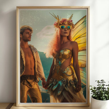 Ein Paar in fantasievollen Schmetterlingskostümen mit funkelnden Flügeln, stehend Hand in Hand auf einem Festival mit Aussicht auf die Berge und Stadt.. Rahmen natur 50x70