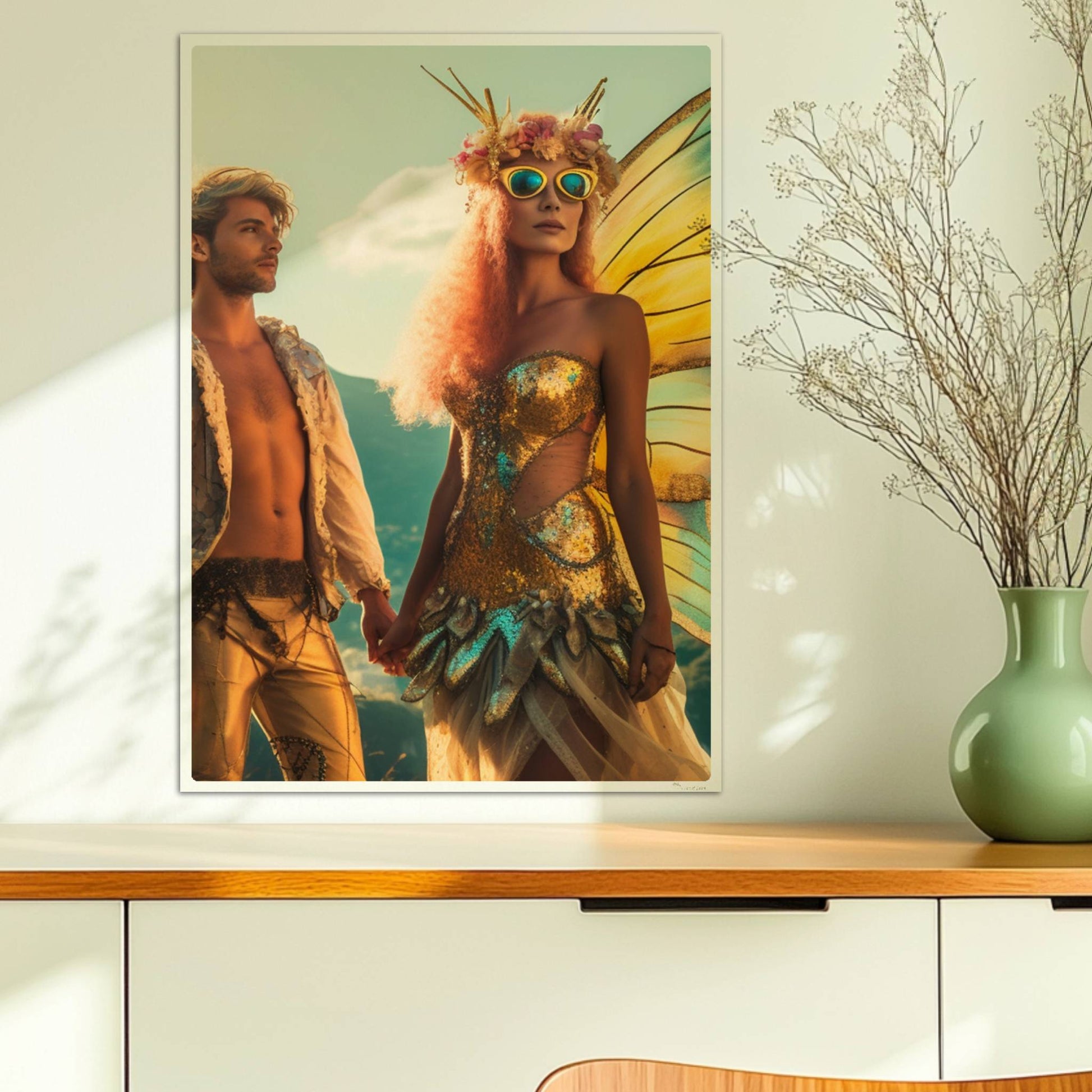 Ein Paar in fantasievollen Schmetterlingskostümen mit funkelnden Flügeln, stehend Hand in Hand auf einem Festival mit Aussicht auf die Berge und Stadt.. Ohne Rahmen 50x70