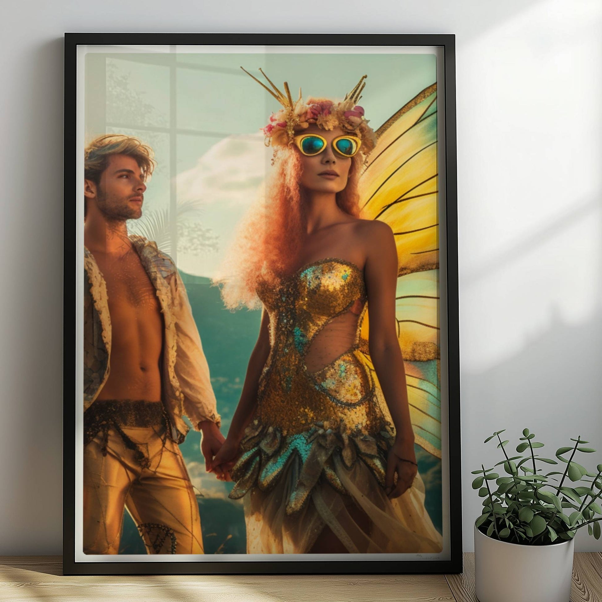 Ein Paar in fantasievollen Schmetterlingskostümen mit funkelnden Flügeln, stehend Hand in Hand auf einem Festival mit Aussicht auf die Berge und Stadt.. Rahmen schwarz 50x70