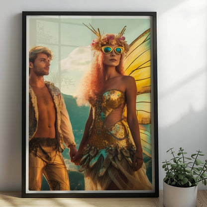Ein Paar in fantasievollen Schmetterlingskostümen mit funkelnden Flügeln, stehend Hand in Hand auf einem Festival mit Aussicht auf die Berge und Stadt.. Rahmen schwarz 50x70
