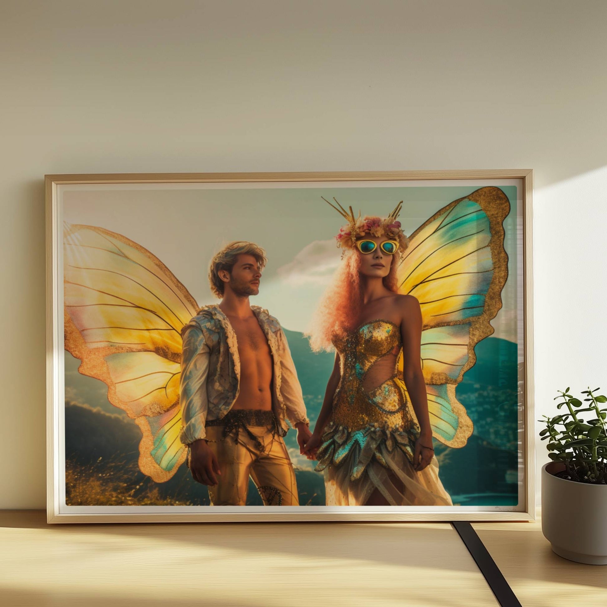 Ein Paar in fantasievollen Schmetterlingskostümen mit funkelnden Flügeln, stehend Hand in Hand auf einem Festival mit Aussicht auf die Berge und Stadt.. Rahmen natur 70x50