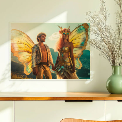 Ein Paar in fantasievollen Schmetterlingskostümen mit funkelnden Flügeln, stehend Hand in Hand auf einem Festival mit Aussicht auf die Berge und Stadt.. Ohne Rahmen 70x50