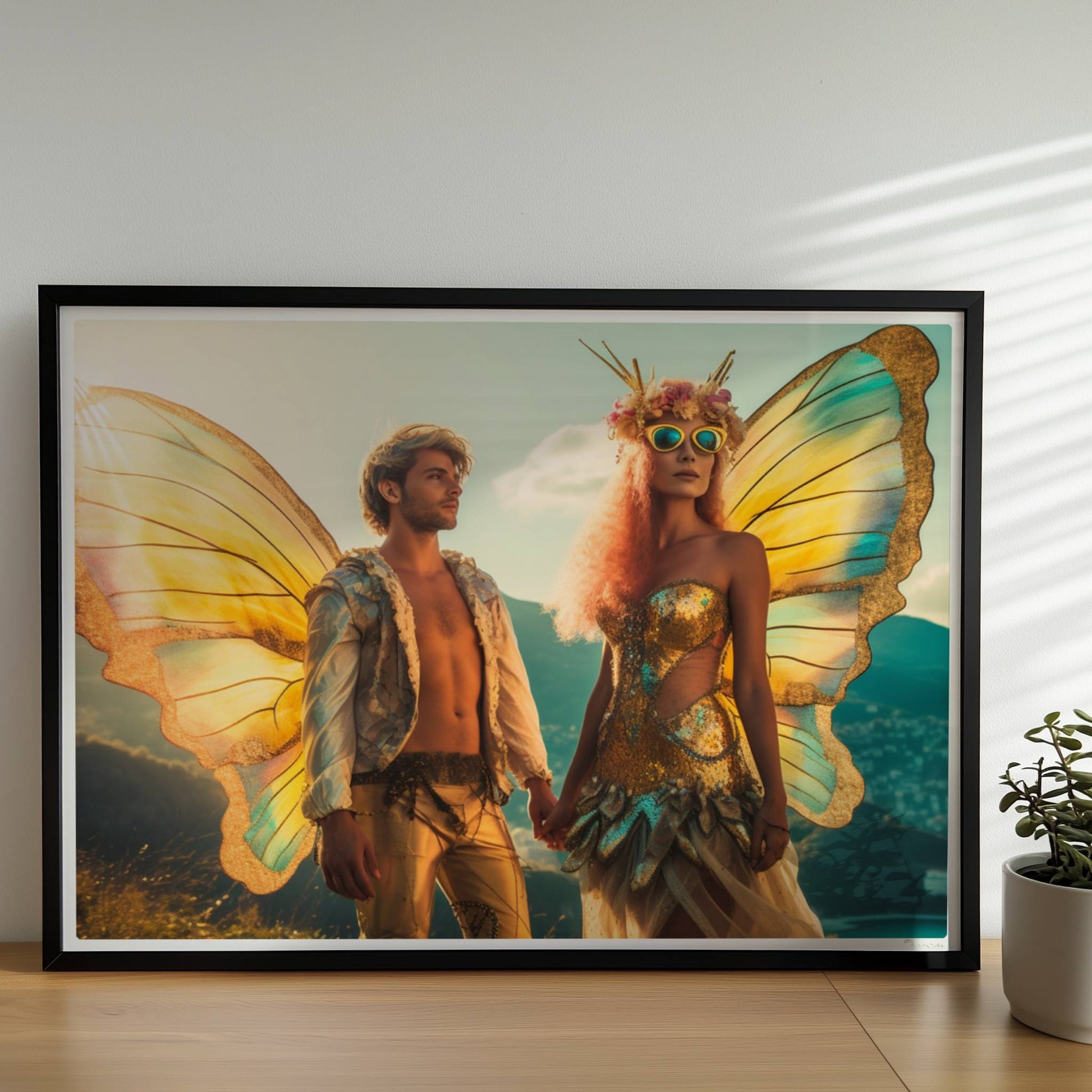 Ein Paar in fantasievollen Schmetterlingskostümen mit funkelnden Flügeln, stehend Hand in Hand auf einem Festival mit Aussicht auf die Berge und Stadt.. Rahmen schwarz 70x50
