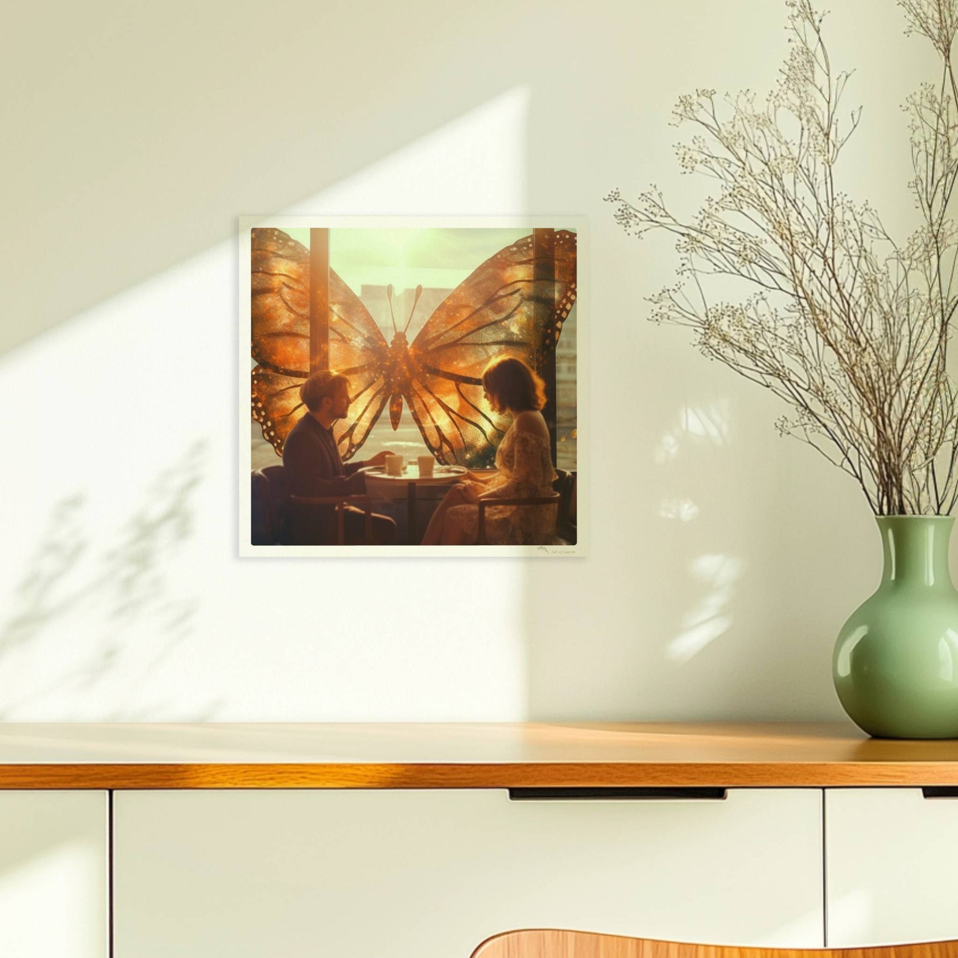 Ein verliebtes Paar sitzt in einem Café vor einem großen, leuchtenden Schmetterlingsfenster, Sonnenstrahlen und flatternde Blätter sorgen für eine märchenhafte Stimmung.. Ohne Rahmen 30x30