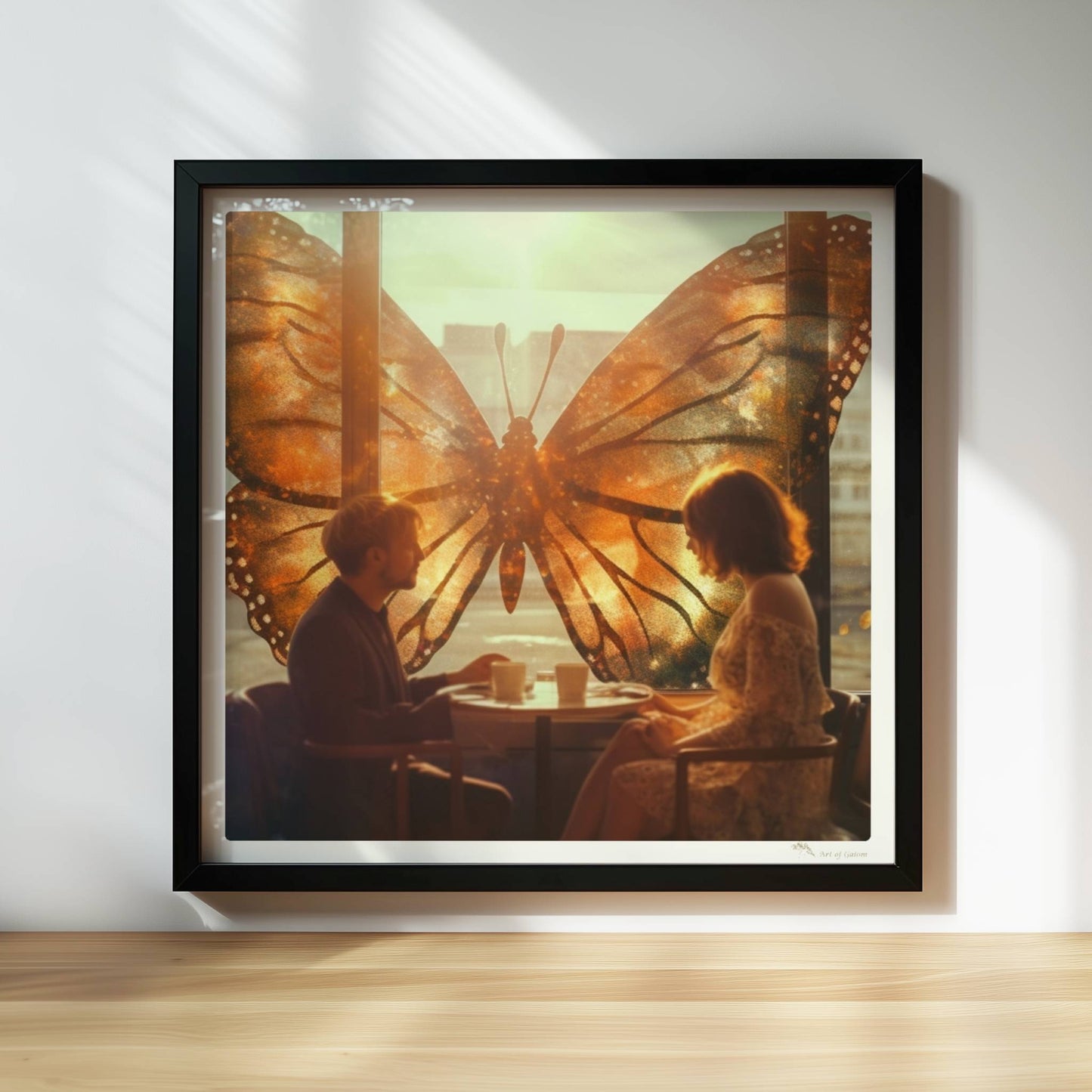 Ein verliebtes Paar sitzt in einem Café vor einem großen, leuchtenden Schmetterlingsfenster, Sonnenstrahlen und flatternde Blätter sorgen für eine märchenhafte Stimmung.. Rahmen schwarz 30x30
