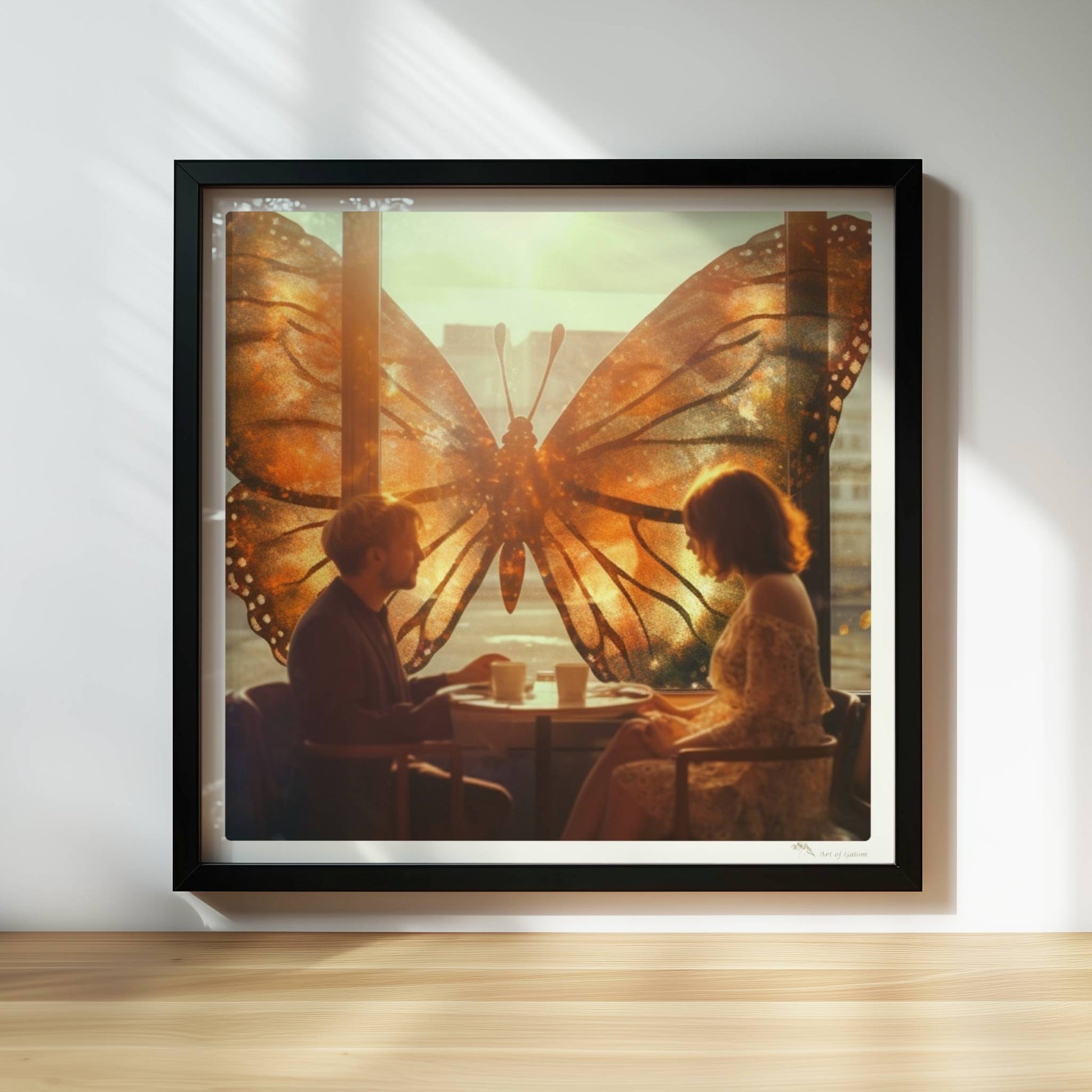 Ein verliebtes Paar sitzt in einem Café vor einem großen, leuchtenden Schmetterlingsfenster, Sonnenstrahlen und flatternde Blätter sorgen für eine märchenhafte Stimmung.. Rahmen schwarz 30x30