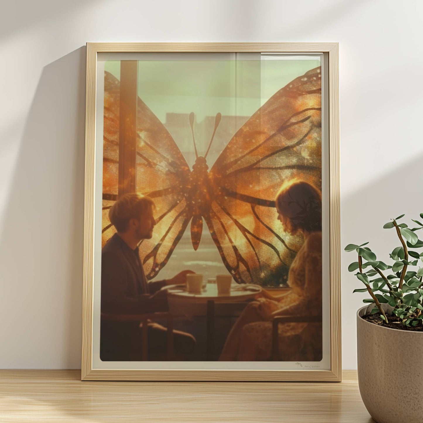 Ein verliebtes Paar sitzt in einem Café vor einem großen, leuchtenden Schmetterlingsfenster, Sonnenstrahlen und flatternde Blätter sorgen für eine märchenhafte Stimmung.. Rahmen natur 30x40