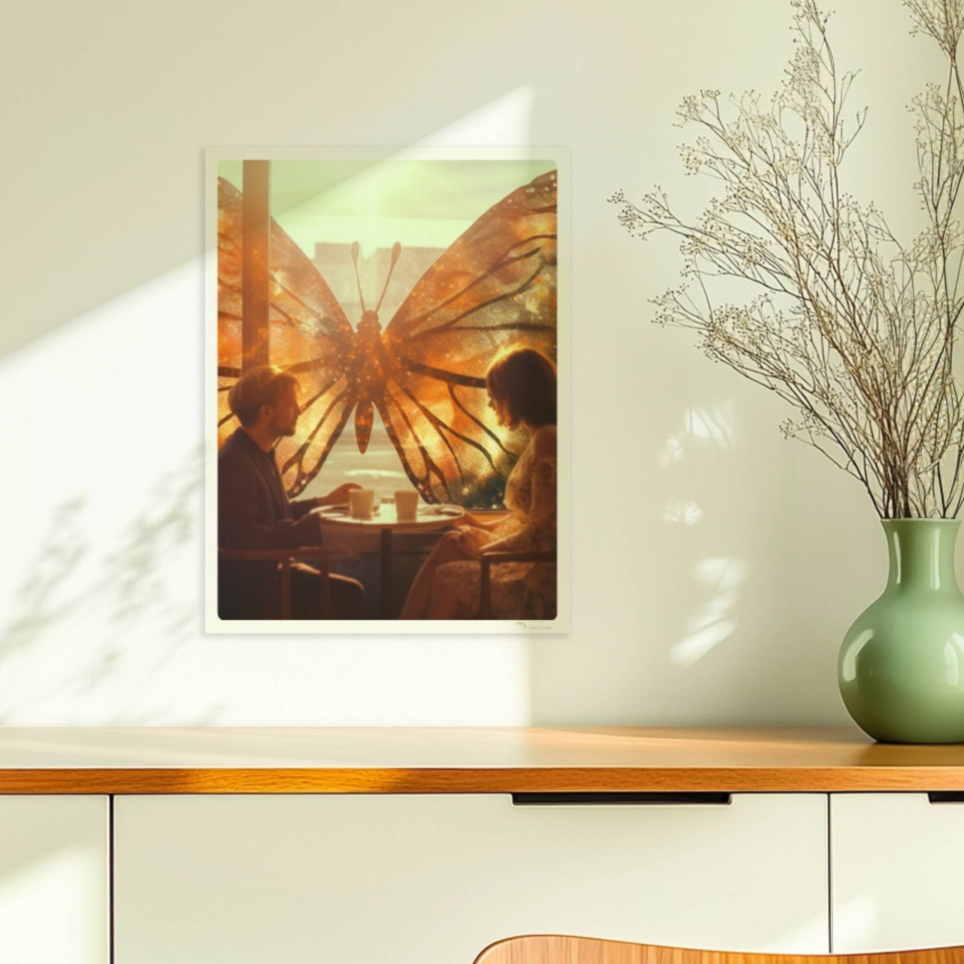 Ein verliebtes Paar sitzt in einem Café vor einem großen, leuchtenden Schmetterlingsfenster, Sonnenstrahlen und flatternde Blätter sorgen für eine märchenhafte Stimmung.. Ohne Rahmen 30x40