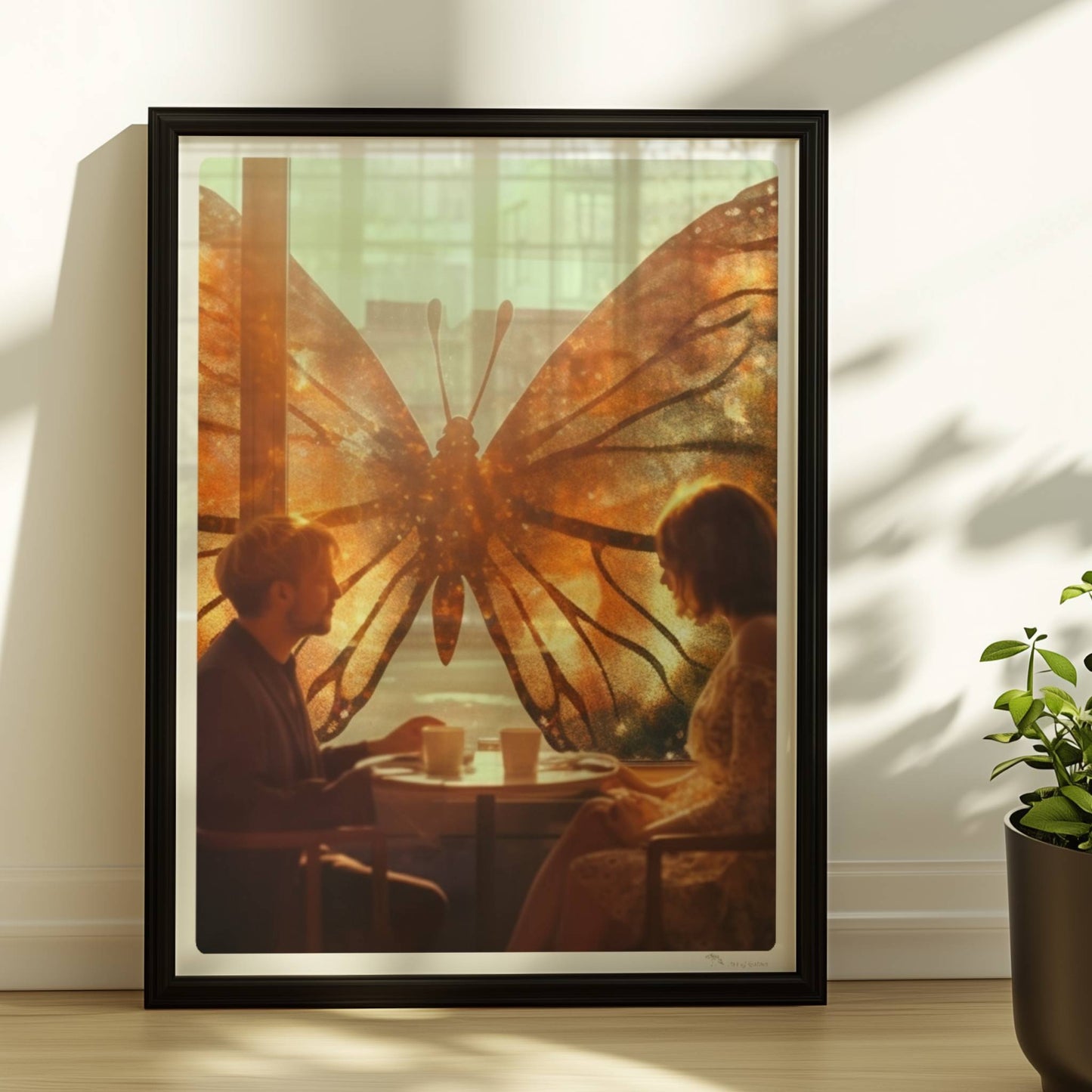 Ein verliebtes Paar sitzt in einem Café vor einem großen, leuchtenden Schmetterlingsfenster, Sonnenstrahlen und flatternde Blätter sorgen für eine märchenhafte Stimmung.. Rahmen schwarz 30x40