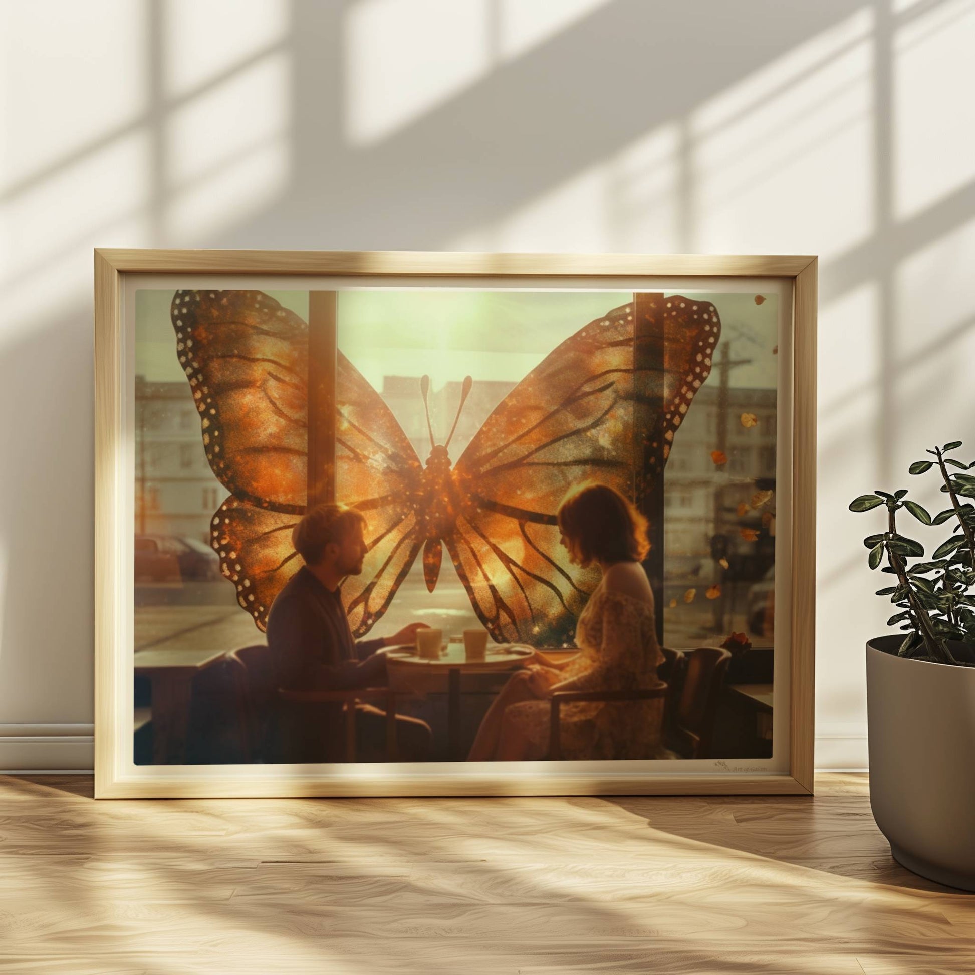 Ein verliebtes Paar sitzt in einem Café vor einem großen, leuchtenden Schmetterlingsfenster, Sonnenstrahlen und flatternde Blätter sorgen für eine märchenhafte Stimmung.. Rahmen natur 40x30