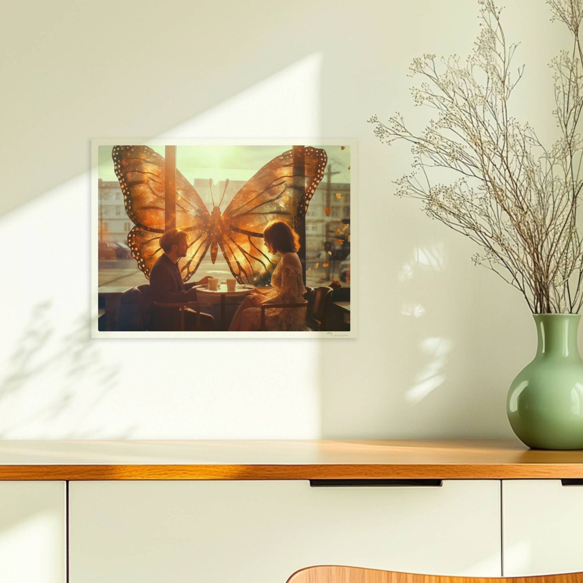 Ein verliebtes Paar sitzt in einem Café vor einem großen, leuchtenden Schmetterlingsfenster, Sonnenstrahlen und flatternde Blätter sorgen für eine märchenhafte Stimmung.. Ohne Rahmen 40x30