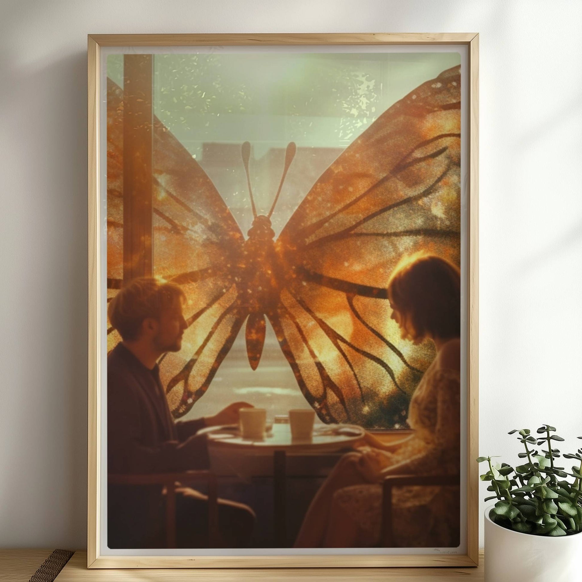 Ein verliebtes Paar sitzt in einem Café vor einem großen, leuchtenden Schmetterlingsfenster, Sonnenstrahlen und flatternde Blätter sorgen für eine märchenhafte Stimmung.. Rahmen natur 50x70
