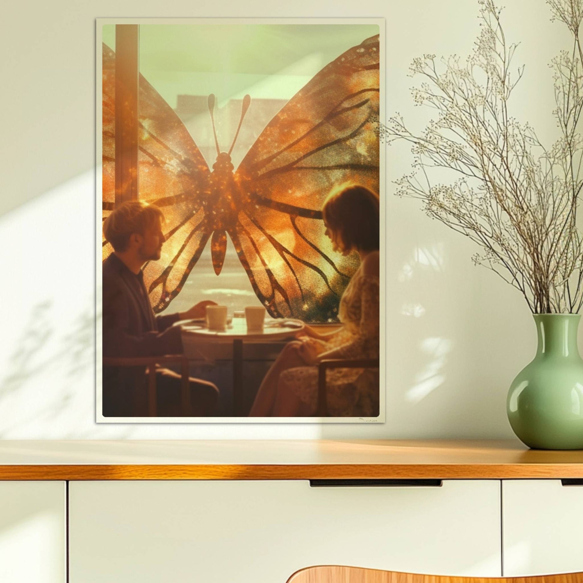 Ein verliebtes Paar sitzt in einem Café vor einem großen, leuchtenden Schmetterlingsfenster, Sonnenstrahlen und flatternde Blätter sorgen für eine märchenhafte Stimmung.. Ohne Rahmen 50x70