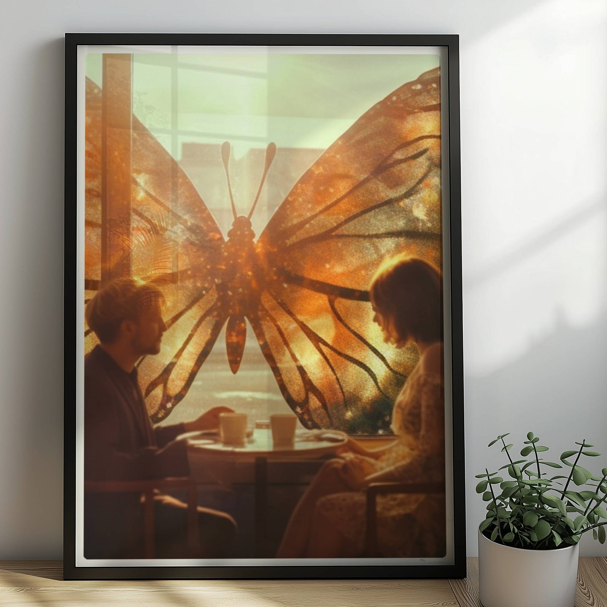 Ein verliebtes Paar sitzt in einem Café vor einem großen, leuchtenden Schmetterlingsfenster, Sonnenstrahlen und flatternde Blätter sorgen für eine märchenhafte Stimmung.. Rahmen schwarz 50x70