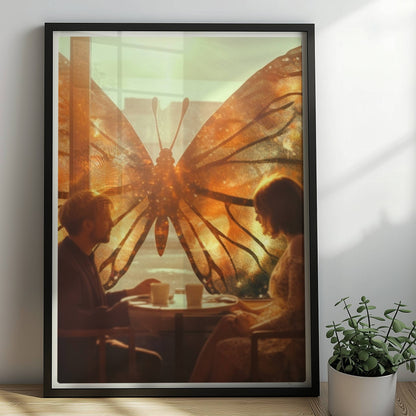 Ein verliebtes Paar sitzt in einem Café vor einem großen, leuchtenden Schmetterlingsfenster, Sonnenstrahlen und flatternde Blätter sorgen für eine märchenhafte Stimmung.. Rahmen schwarz 50x70