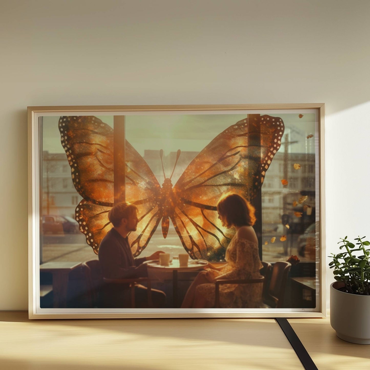Ein verliebtes Paar sitzt in einem Café vor einem großen, leuchtenden Schmetterlingsfenster, Sonnenstrahlen und flatternde Blätter sorgen für eine märchenhafte Stimmung.. Rahmen natur 70x50