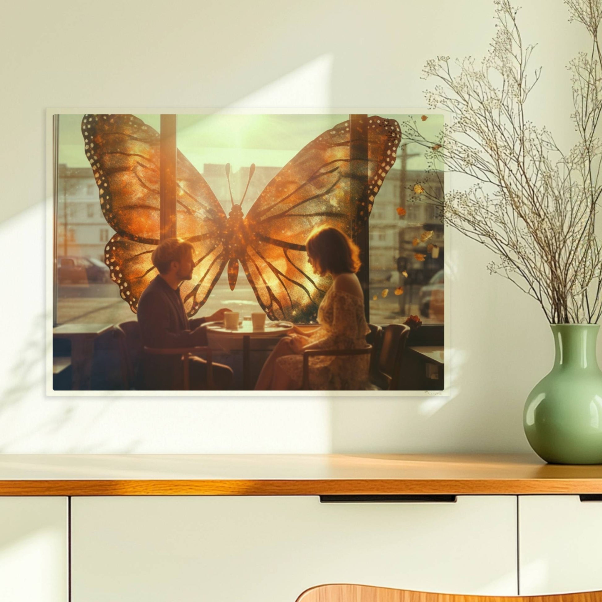 Ein verliebtes Paar sitzt in einem Café vor einem großen, leuchtenden Schmetterlingsfenster, Sonnenstrahlen und flatternde Blätter sorgen für eine märchenhafte Stimmung.. Ohne Rahmen 70x50