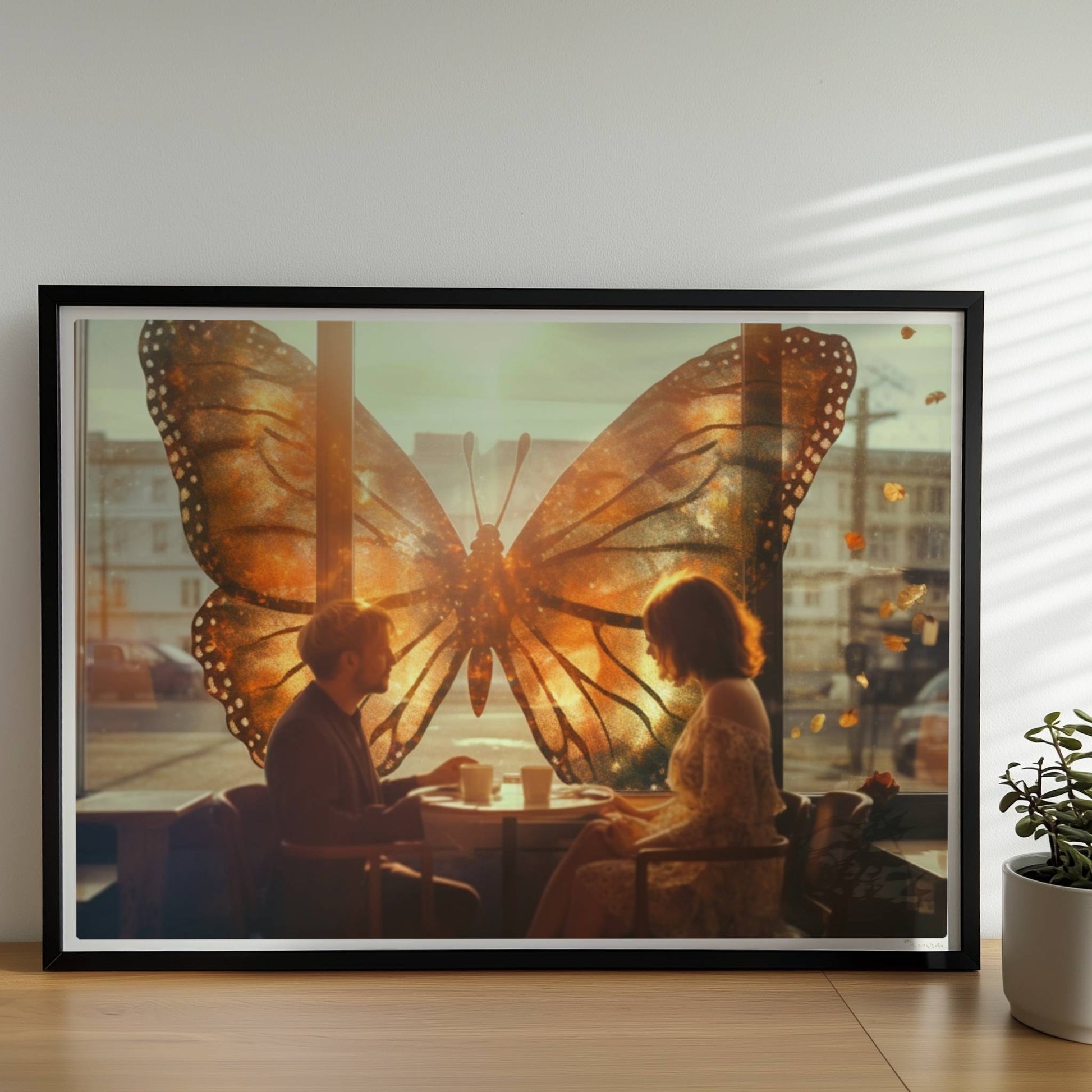 Ein verliebtes Paar sitzt in einem Café vor einem großen, leuchtenden Schmetterlingsfenster, Sonnenstrahlen und flatternde Blätter sorgen für eine märchenhafte Stimmung.. Rahmen schwarz 70x50
