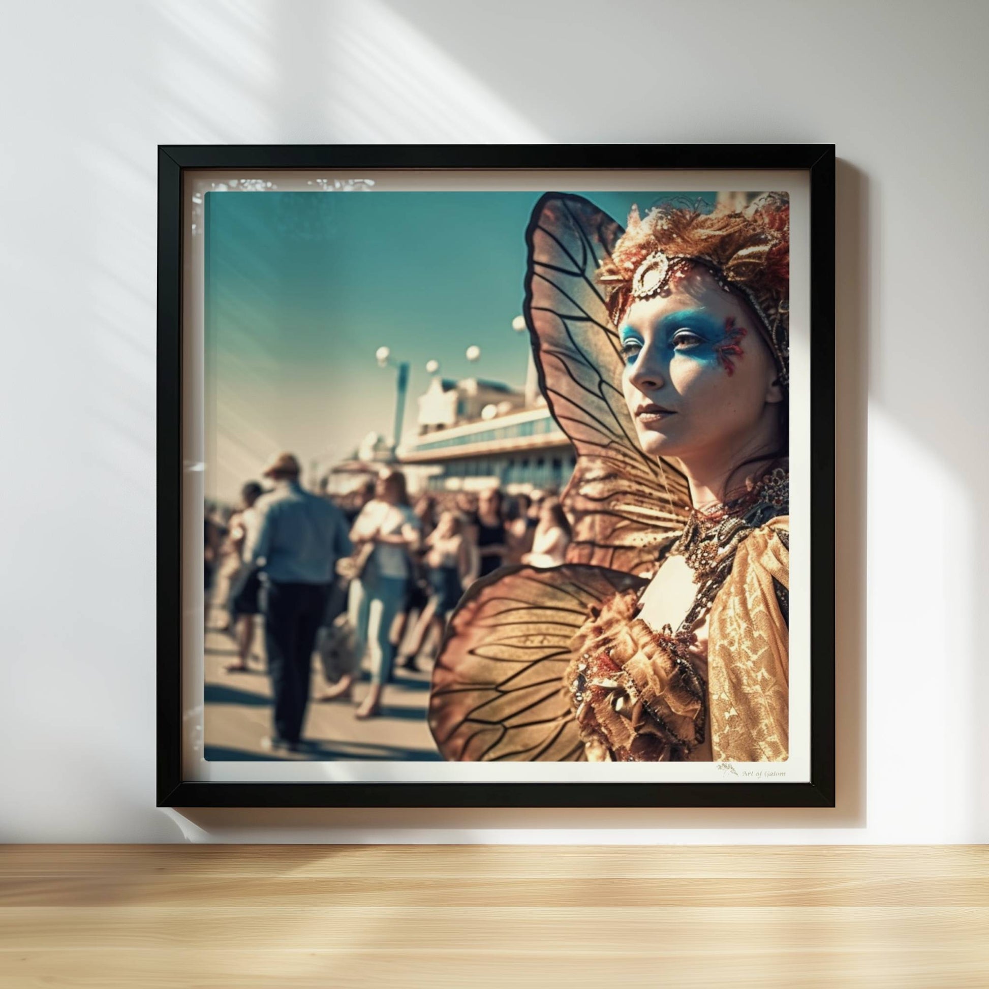 Frau in aufwändigem goldenen Schmetterlingskostüm mit leuchtenden Flügeln und blauer Gesichtsbemalung, auf einem belebten Festival.. Rahmen schwarz 30x30