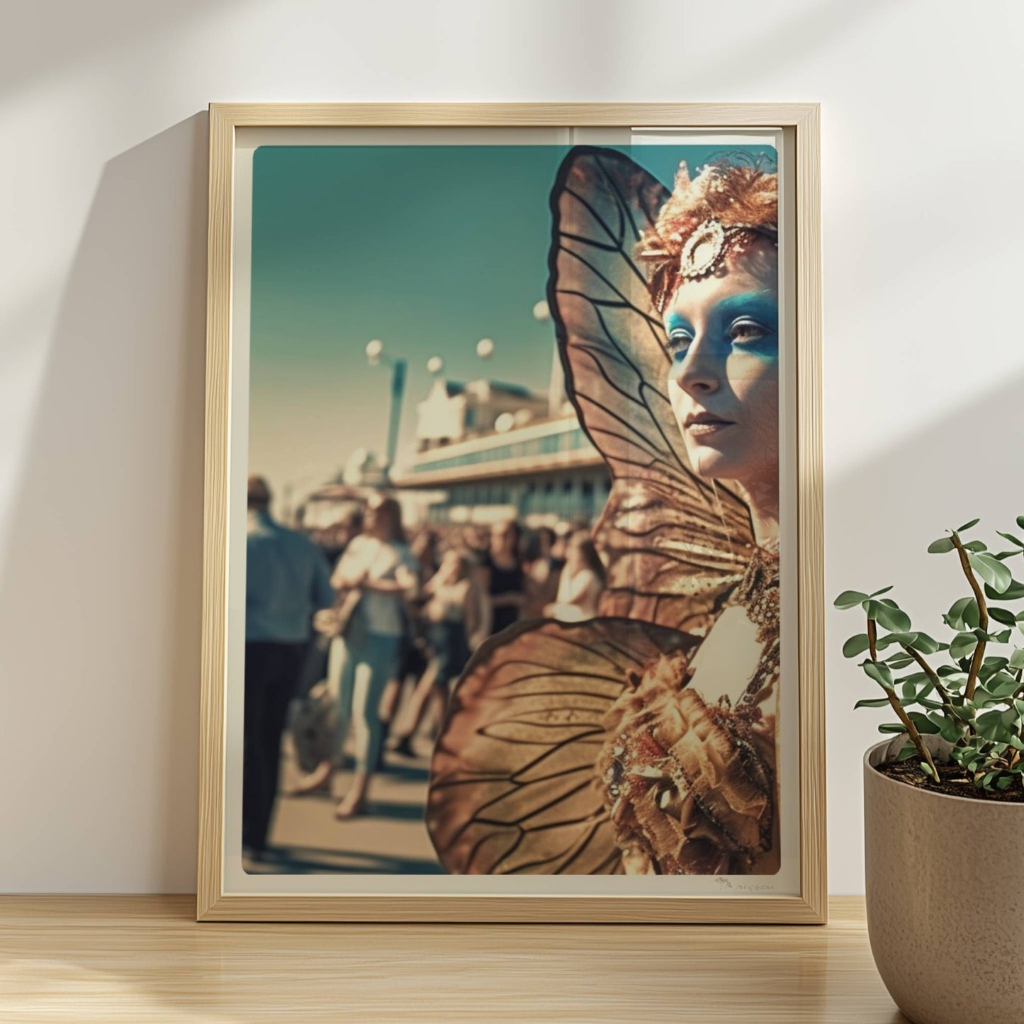 Frau in aufwändigem goldenen Schmetterlingskostüm mit leuchtenden Flügeln und blauer Gesichtsbemalung, auf einem belebten Festival.. Rahmen natur 30x40