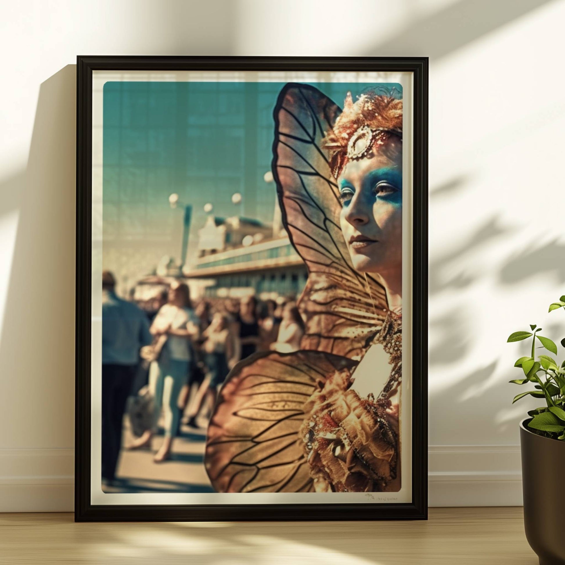 Frau in aufwändigem goldenen Schmetterlingskostüm mit leuchtenden Flügeln und blauer Gesichtsbemalung, auf einem belebten Festival.. Rahmen schwarz 30x40