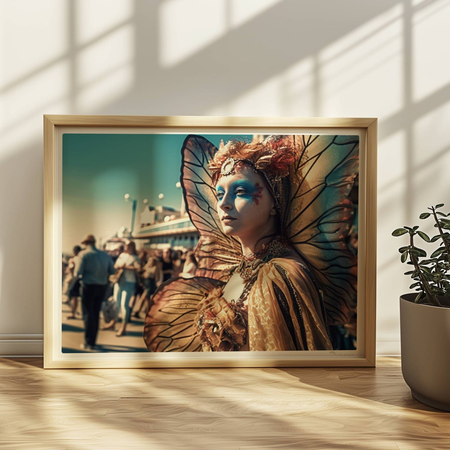 Frau in aufwändigem goldenen Schmetterlingskostüm mit leuchtenden Flügeln und blauer Gesichtsbemalung, auf einem belebten Festival.. Rahmen natur 40x30