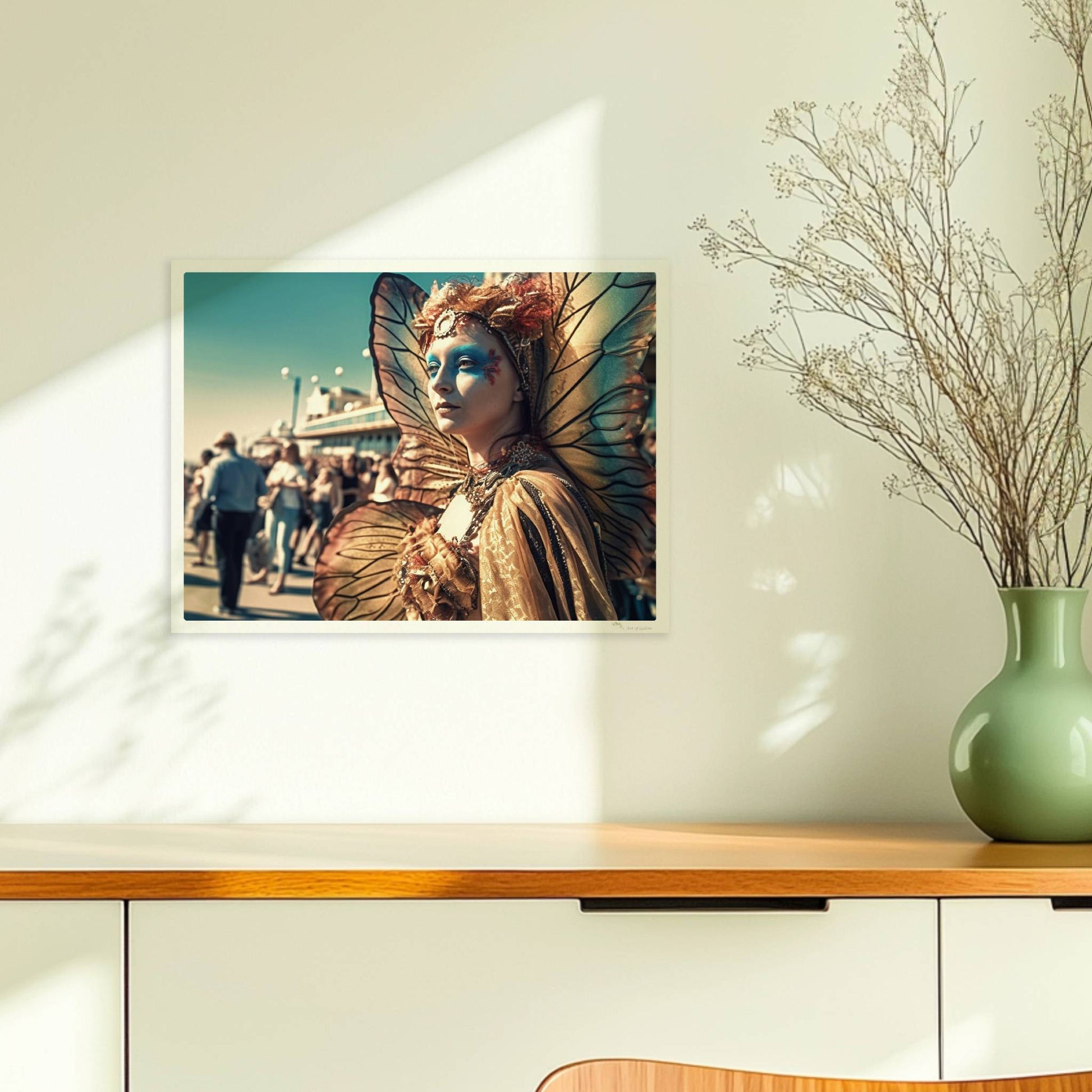 Frau in aufwändigem goldenen Schmetterlingskostüm mit leuchtenden Flügeln und blauer Gesichtsbemalung, auf einem belebten Festival.. Ohne Rahmen 40x30