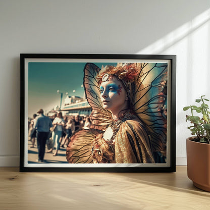 Frau in aufwändigem goldenen Schmetterlingskostüm mit leuchtenden Flügeln und blauer Gesichtsbemalung, auf einem belebten Festival.. Rahmen schwarz 40x30